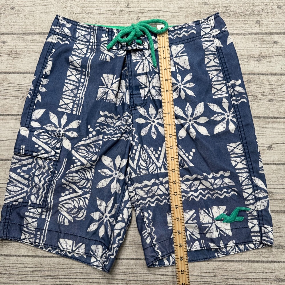 Y2K Hollister Board Shorts Mens Medium Blue White Floral Batik Cargo Swim Trunks - Picture 4 of 5